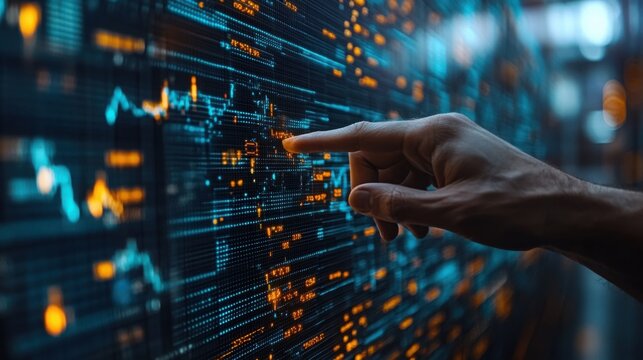 Hand interacts with digital data screen. - Powered by Adobe
