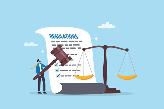 Regulations, law or rules, authority, legislation or government lawsuit, legal document justice or courthouse, verdict or punishment concept, businessman hold gavel with scale and regulation document.