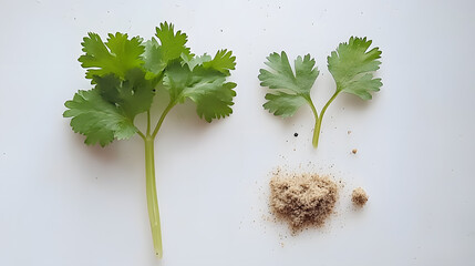 Fototapeta premium Fresh cilantro leaves and ground cilantro powder on a white background. A culinary comparison of fresh and dried herbs. Perfect for recipes and cooking blogs.