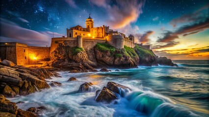 Fototapeta premium Majestic Sea Cliff Fortress at Night - Dramatic Coastal Landscape Photography