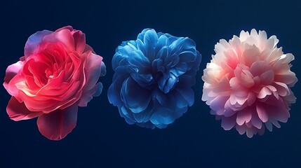 Obraz premium Three vibrant, stylized flowers red, blue, pink.