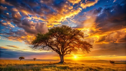 Obraz premium Majestic Silhouette of a Lone Tree at Sunset - Ultra Detailed Photorealistic Stock Image
