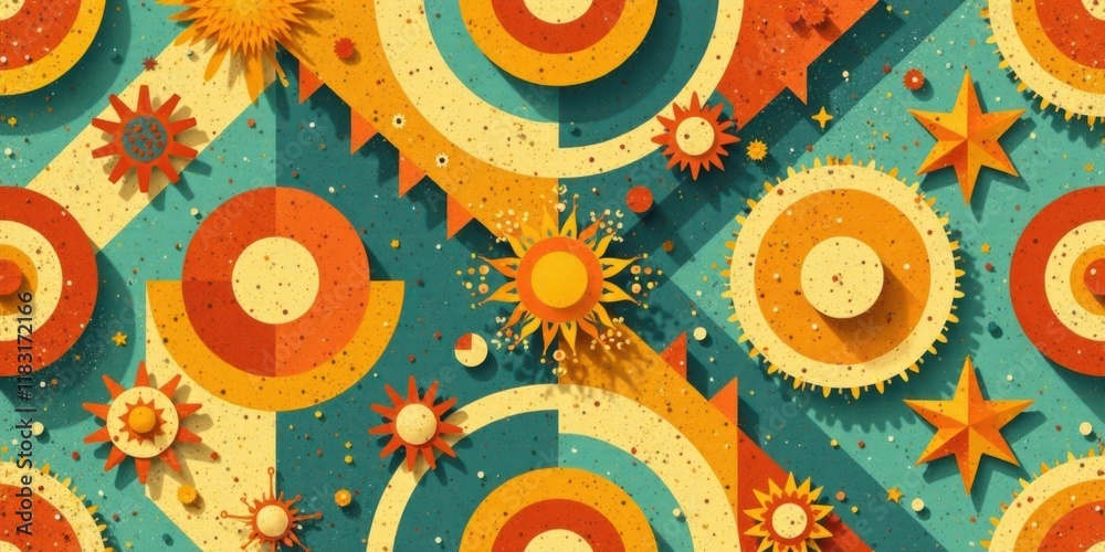 Poster Abstract Retro Sunburst Pattern Design Featuring Geometric Shapes and Starburst Motifs