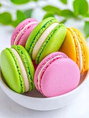 A photostock of colorful macarons neatly arranged in pastel tones, placed on a clean white plate, symbolizing luxury desserts and elegance. High Quality