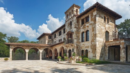 Renaissance-era house with large arched windows, stucco walls, a cobbled courtyard, and an ornate wrought iron gate