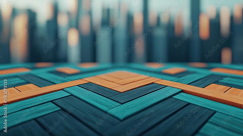 Poster Floor abstract background concept. A close-up view of a colorful geometric wood pattern with blurred city skyline background.