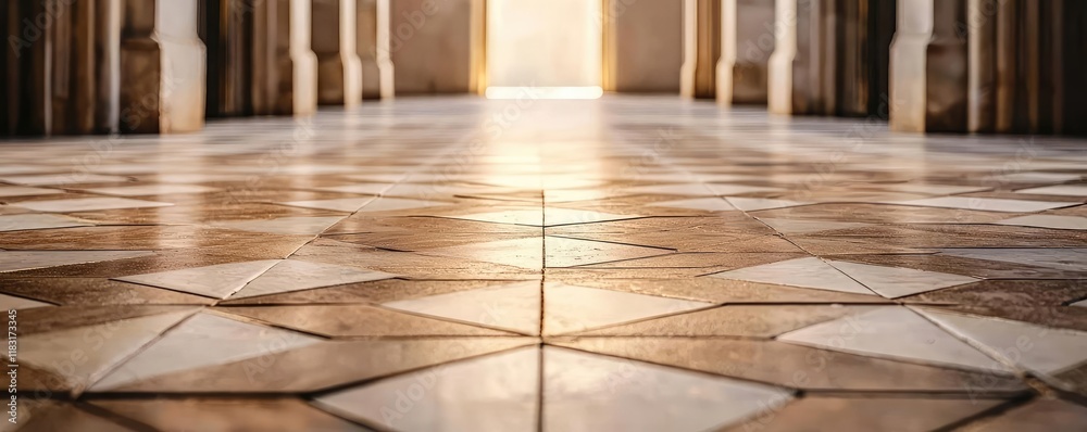 Poster Floor abstract background concept. Elegant patterned floor tile design with warm light shining through an architectural space.