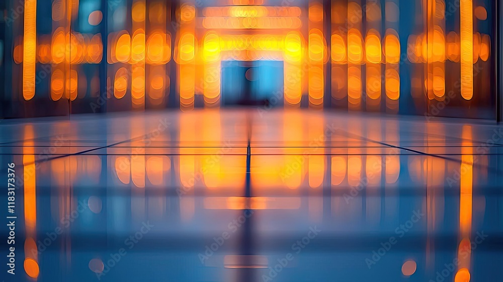Poster floor abstract background concept. a vibrant corridor with glowing reflections and warm orange tones