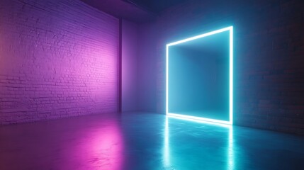 Neon light illuminates a brick wall room with a glowing portal