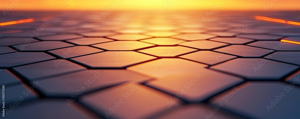 Poster Floor abstract background concept. A close-up view of a hexagonal tile pattern with a sunset in the background.