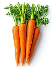 A photostock of fresh carrots with green tops still attached, laid out on a white background, symbolizing organic produce and healthy eating. High Quality