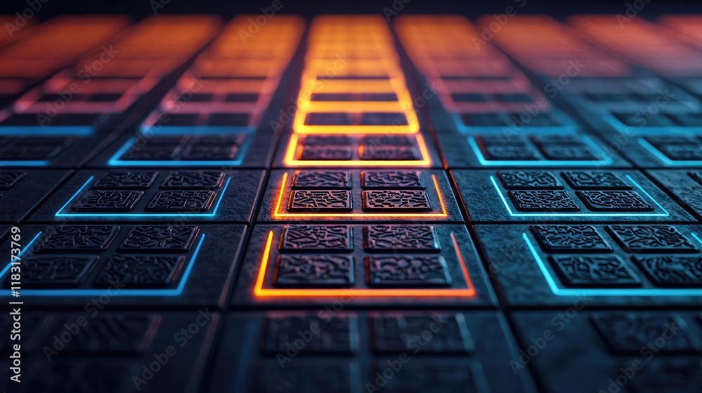 Poster Floor abstract background concept. Futuristic illuminated grid pattern with vibrant neon colors and intricate designs.