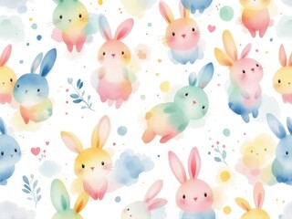 Colorful pastel bunnies in watercolor style with hearts and clouds