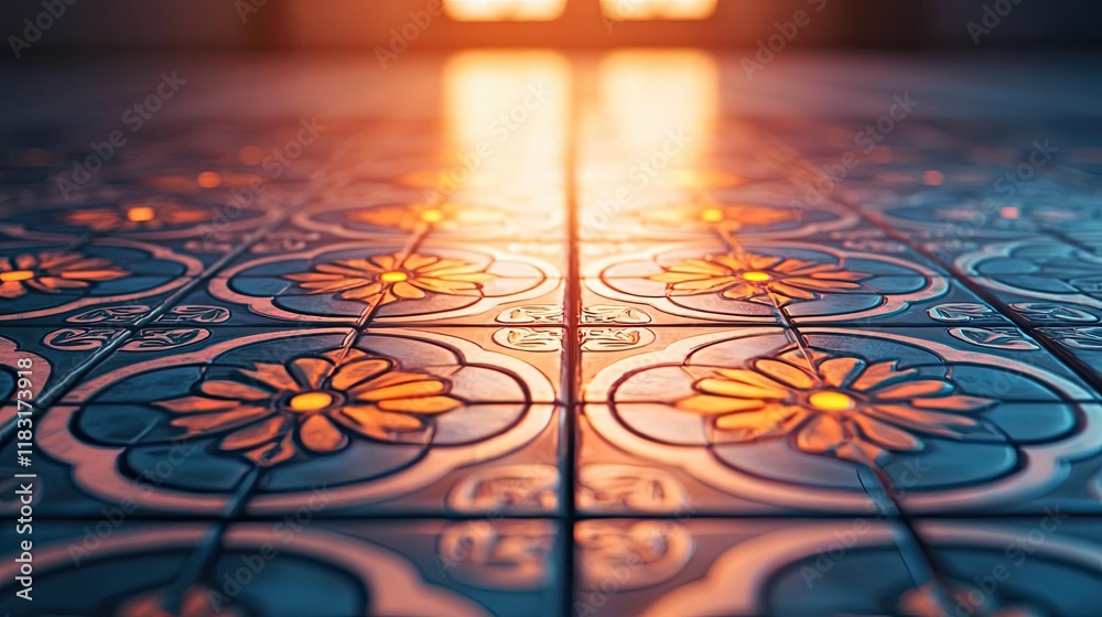 Poster Floor abstract background concept. Intricate tile floor design reflecting warm light in an elegant indoor setting.