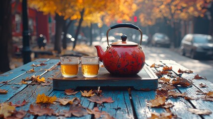 Autumnal tea ceremony scene red teapot and two teacups on rustic wooden table outdoors, surrounded by fallen leaves.