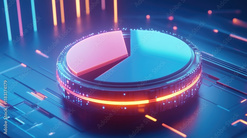 Poster a d pie chart floating in a futuristic virtual space, surrounded by data points and glowing lines.