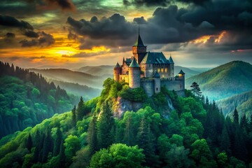 Naklejka premium Majestic Stone Castle at Dusk - Hilltop Fortress in Lush Forest