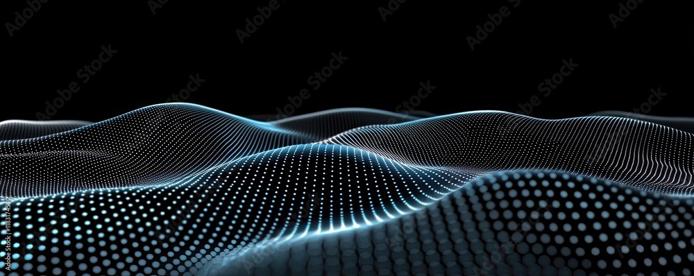 Aufkleber Dots abstract background idea. Abstract digital landscape with glowing waves and dotted patterns on a dark background.