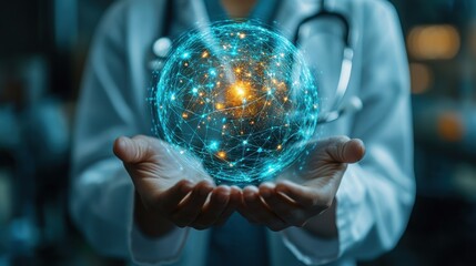 Fototapeta premium Doctor holding global network sphere showing healthcare technology.