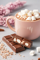 Indulge in delicious chocolate bar with bite taken, paired with warm cup of hot cocoa topped with marshmallows, creating cozy treat