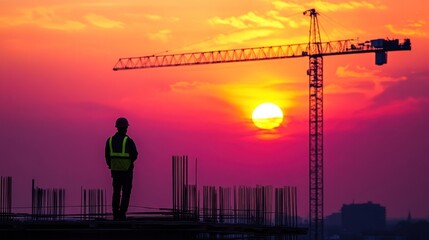 Construction Worker Silhouetted Against a Vibrant Sunset
