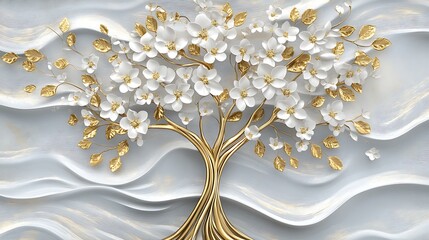 Elegant 3D white and gold floral tree on wavy background.