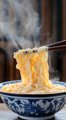 Creamy Noodles in a Blue and White Bowl