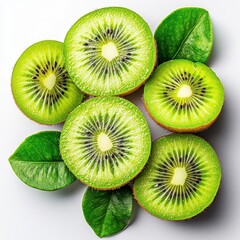Fototapeta premium A photostock of juicy green kiwis sliced in half, highlighting their vibrant color and fresh texture, arranged on a clean white background. High Quality