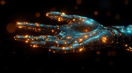 Glowing metallic robotic hand offers futuristic technology.