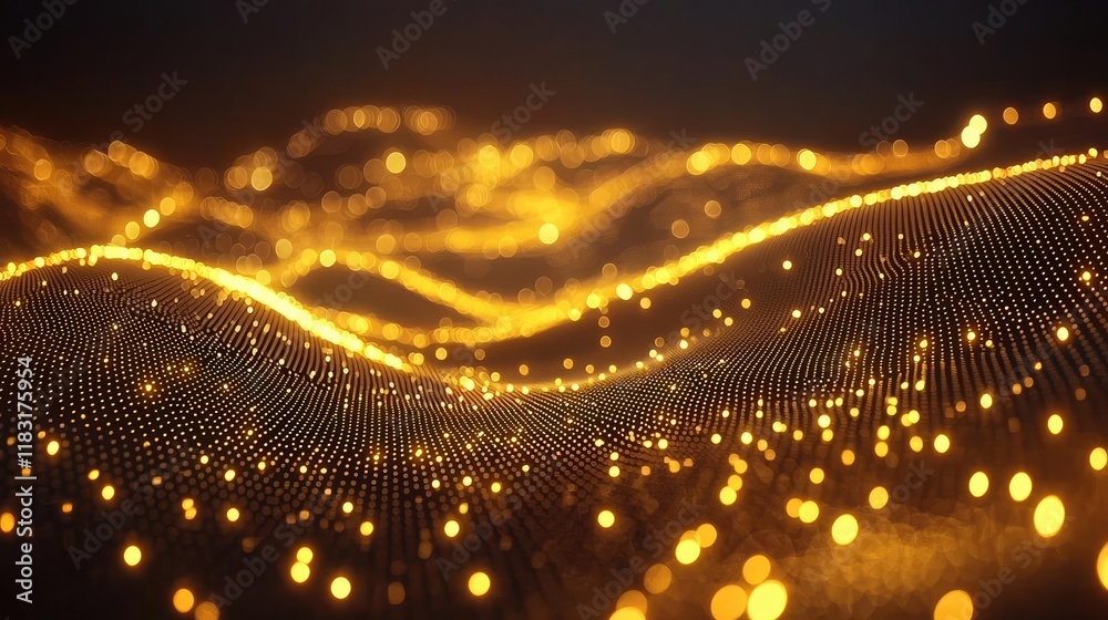 Poster Dots abstract background idea. Abstract golden waves with shimmering light particles in a mesmerizing pattern.