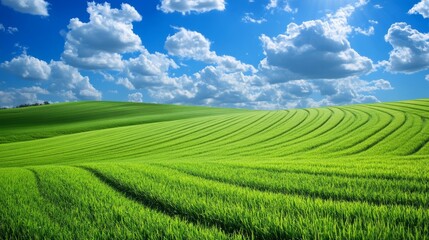 Paddy field in the farmland with a lot of clouds on the blue sky in sunny day  - ai