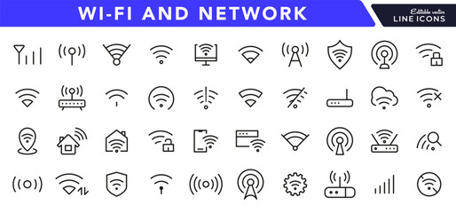 Wireless Wi-fi and network line icon set. Connection, Signal, Website, mobile, Wireless, Communication, Computer outline icon pack. UI thin line icon design