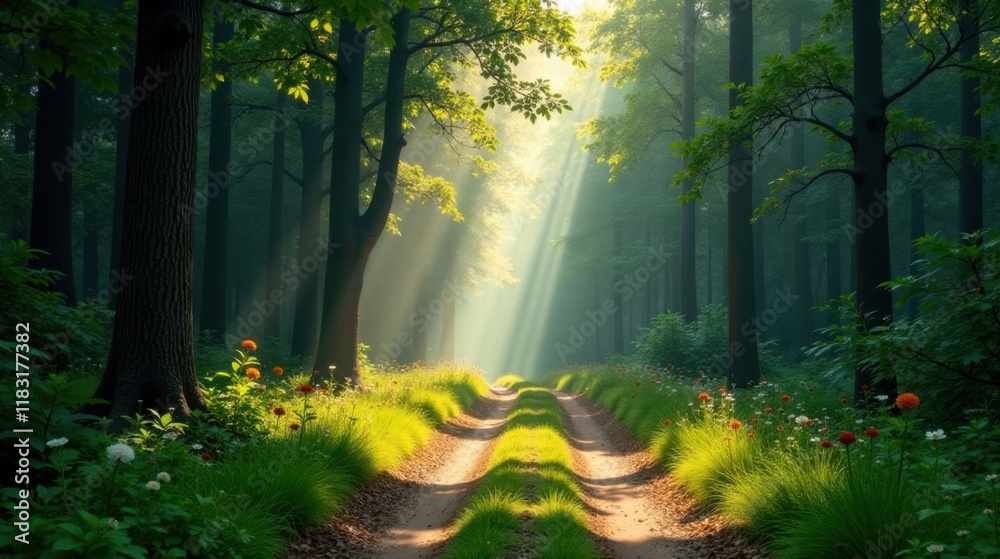 Poster sunbeams illuminate forest path with lush greenery and vibrant blooms