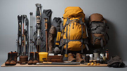Capture of winter gear, boots, glove, scarves, and backpacks arranged aesthetically.