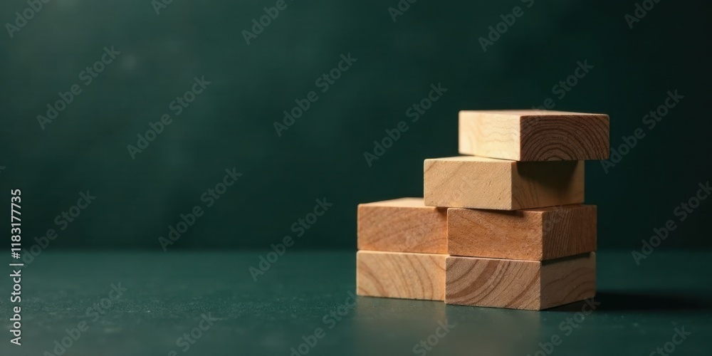 Poster Unstable Wooden Blocks Arranged in a Stack on a Dark Surface