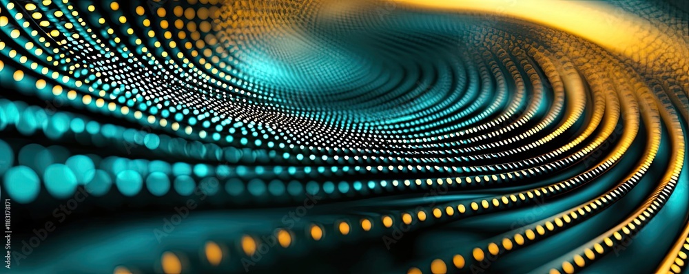 Poster Dots abstract background idea. Abstract wave pattern with glowing dots in blue and orange tones on a dark background.