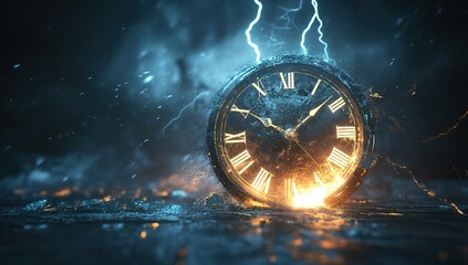 A broken clock with lightning striking it, creating an eerie and ominous atmosphere. The background is dark and mysterious, adding to the sense of mystery in time travel concepts.
