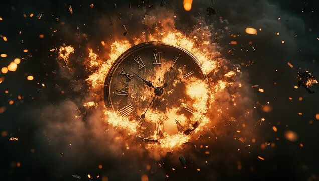 A clock in the center of an explosion, surrounded by flying debris and sparks. The background is dark with subtle lighting effects highlighting the intensity of fire and smoke around it.