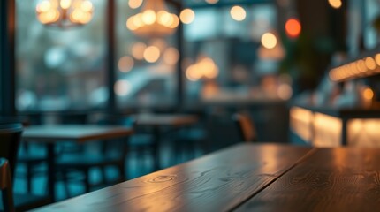 An artistic image featuring warm creative light art. The empty wooden table in a restaurant has an abstract bokeh background. The lighting creates abstract patterns