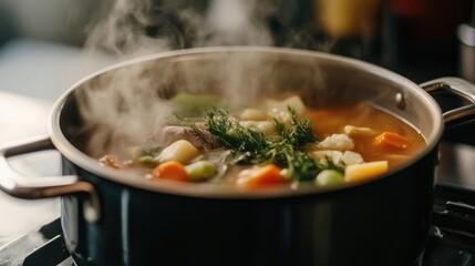 A close-up of a hot pot on the stove, steaming with rich broth and filled with fresh vegetables and meat.