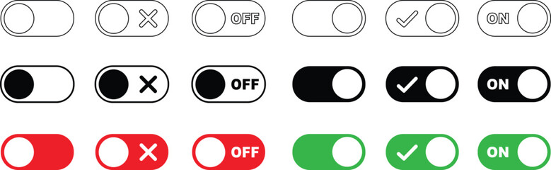 On and Off toggle switch buttons icon set. Switch buttons ON OFF isolated on transparent background. Power on and off slider switch icon. Modern web and mobile app switch button interface elements.