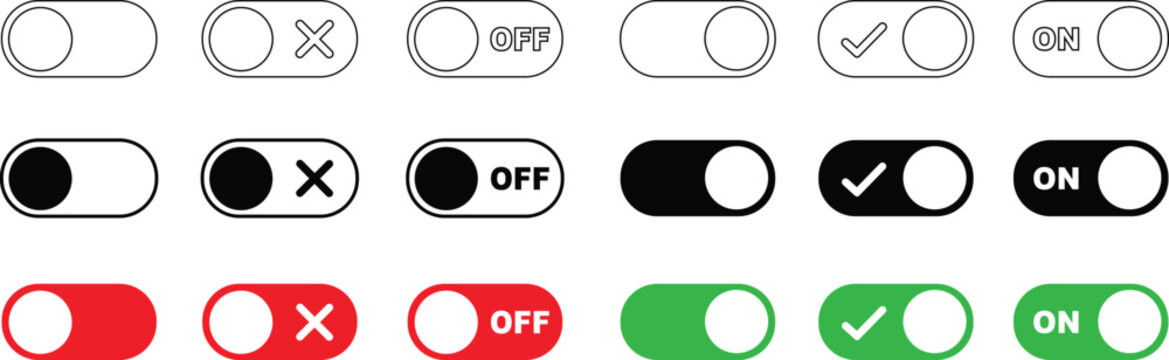 On and Off toggle switch buttons icon set. Switch buttons ON OFF isolated on transparent background. Power on and off slider switch icon. Modern web and mobile app switch button interface elements.