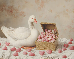 Victorian goose curiously peeks into gilded box filled with heart shaped candies, creating charming and whimsical scene
