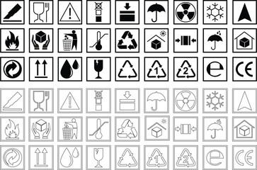 Handling and packing symbols icon set including fragile, recycle and caution signs. Packing symbol for cardboard boxes. Delivery shipping labels. Packaging signs isolated on transparent background.