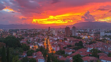 Vibrant Sunset Over Cityscape and Mountain Range