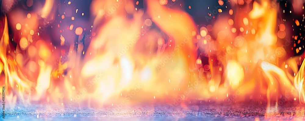 Poster Fire abstract background concept. A vibrant representation of flames illuminating a dark background with sparks flying.