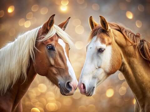 Majestic White and Brown Horses Face to Face - Bokeh Background Stock Photo