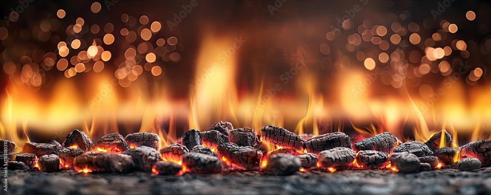 Poster fire abstract background concept. a close-up view of glowing embers and flames, creating a warm, inv