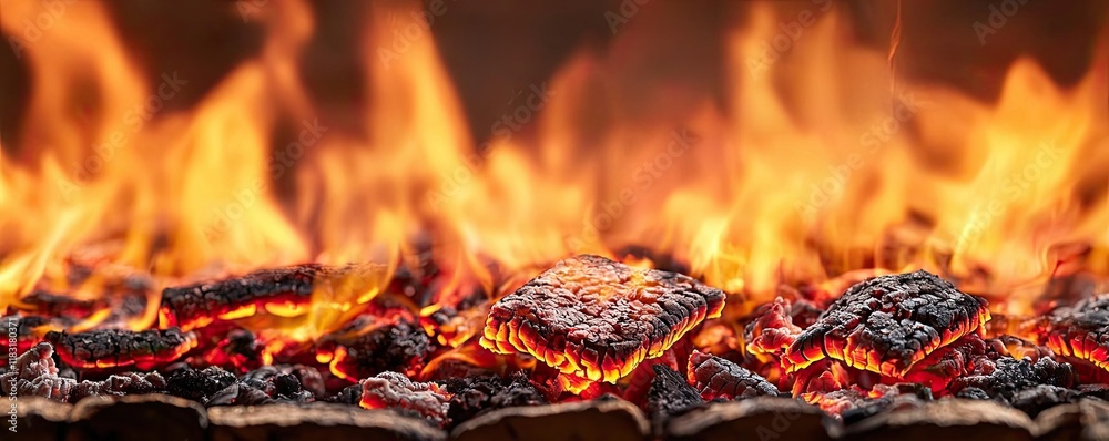 Poster Fire abstract background concept. Close-up of glowing charcoal embers creating a warm, inviting barbecue atmosphere.