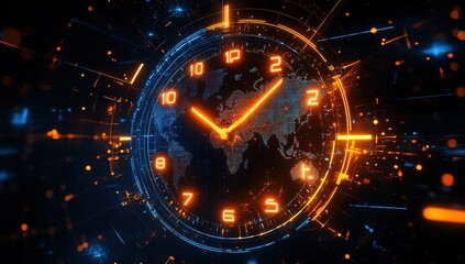 A futuristic clock with digital numbers and glowing lights, surrounded by holographic images of world maps and data streams. The background is dark blue with orange highlights.
